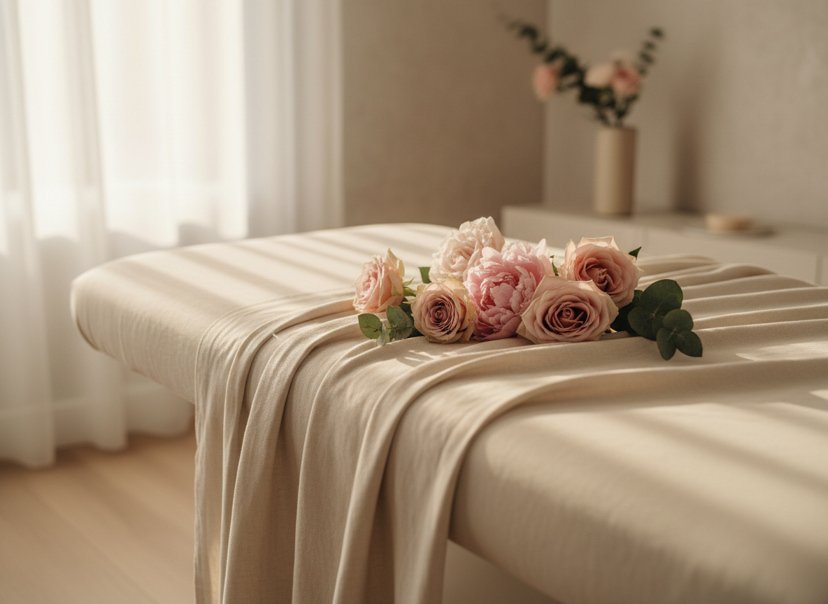 Serene luxury spa interior detail, soft draped linen and blush florals, warm natural light, minimalist high-end aesthetic clinic ambiance, editorial photography, muted cream and pink tones
