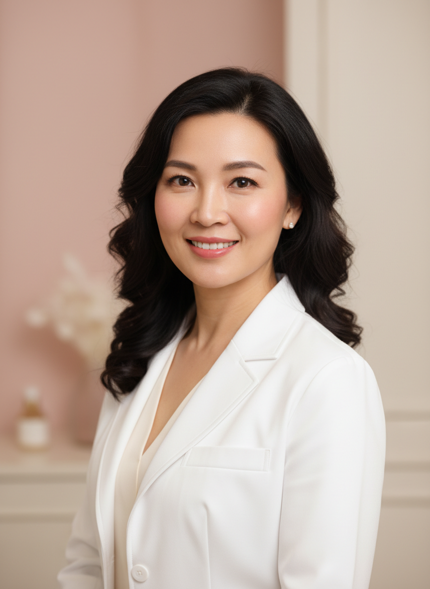 Refined portrait of a female aesthetic doctor in her 40s, warm confident expression, soft blush and cream background, editorial spa photography, natural soft lighting, premium beauty clinic aesthetic, elegant